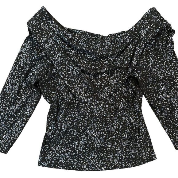 Scarlett Glitter Top Leopard Black Blue Silver Stretch Cowl Scoop Neck Women's L - Picture 3 of 9